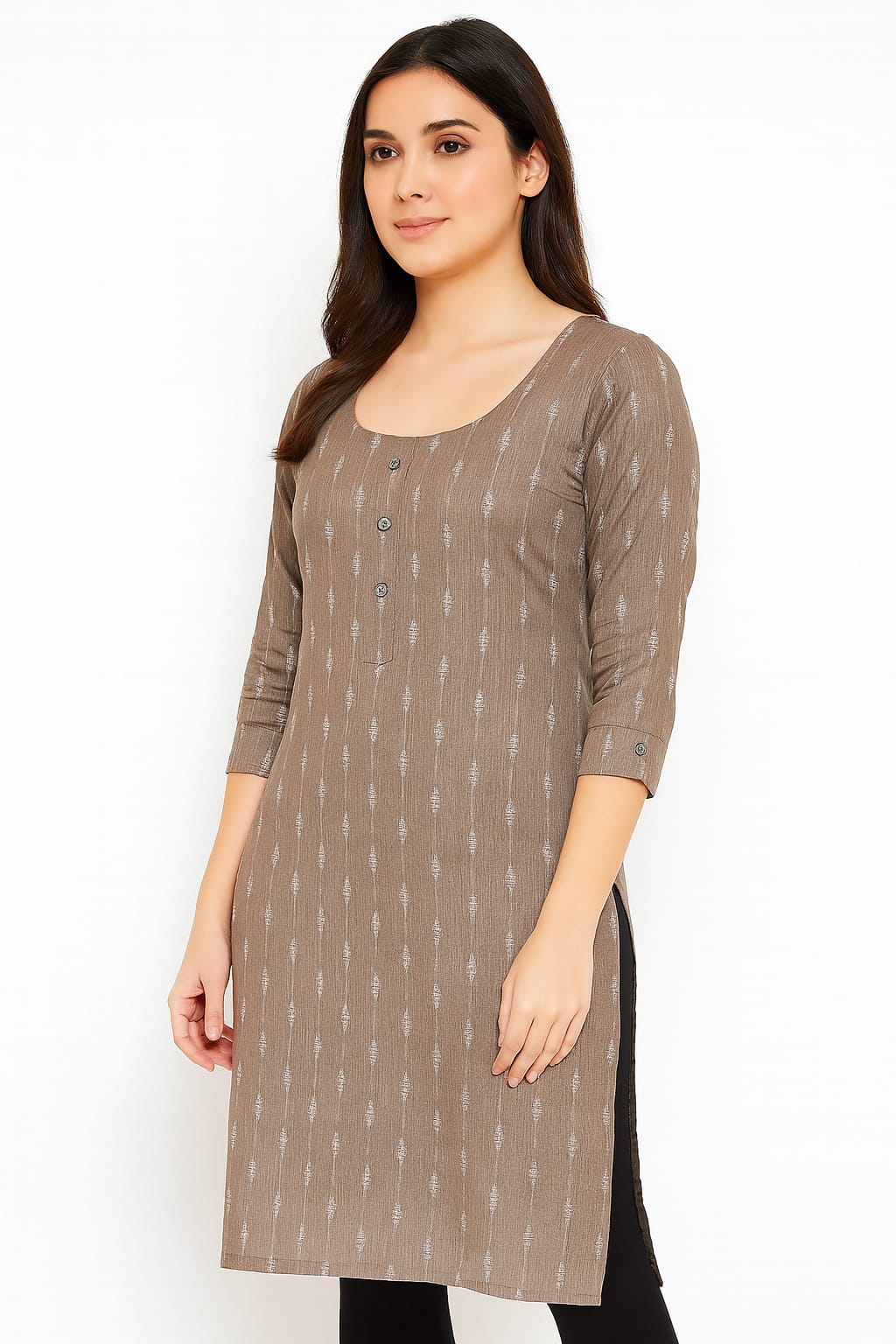 PREMIUM COTTON ROUND NECK BUTTON PLACKET KURTI (Taupe)
