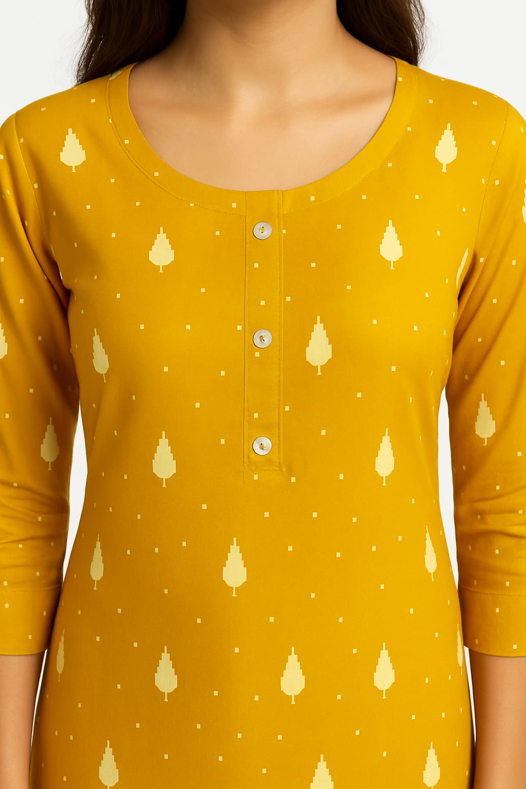 PREMIUM ROUND NECK COTTON KURTI (Mustard yellow ethnic print)
