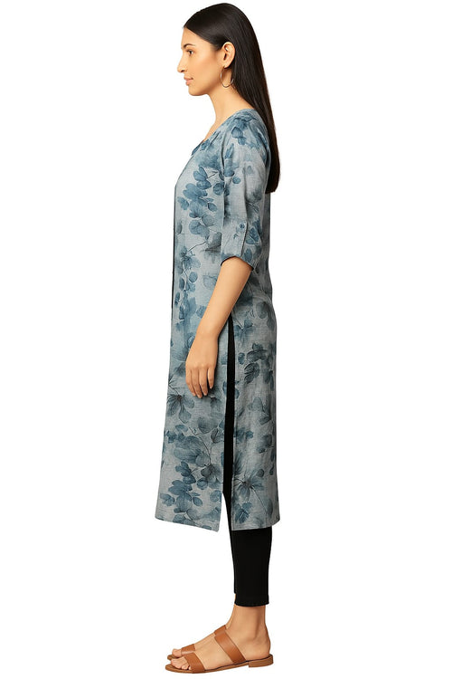 PREMIUM BLUE FLORAL PRINTED CEY FABRIC KURTI