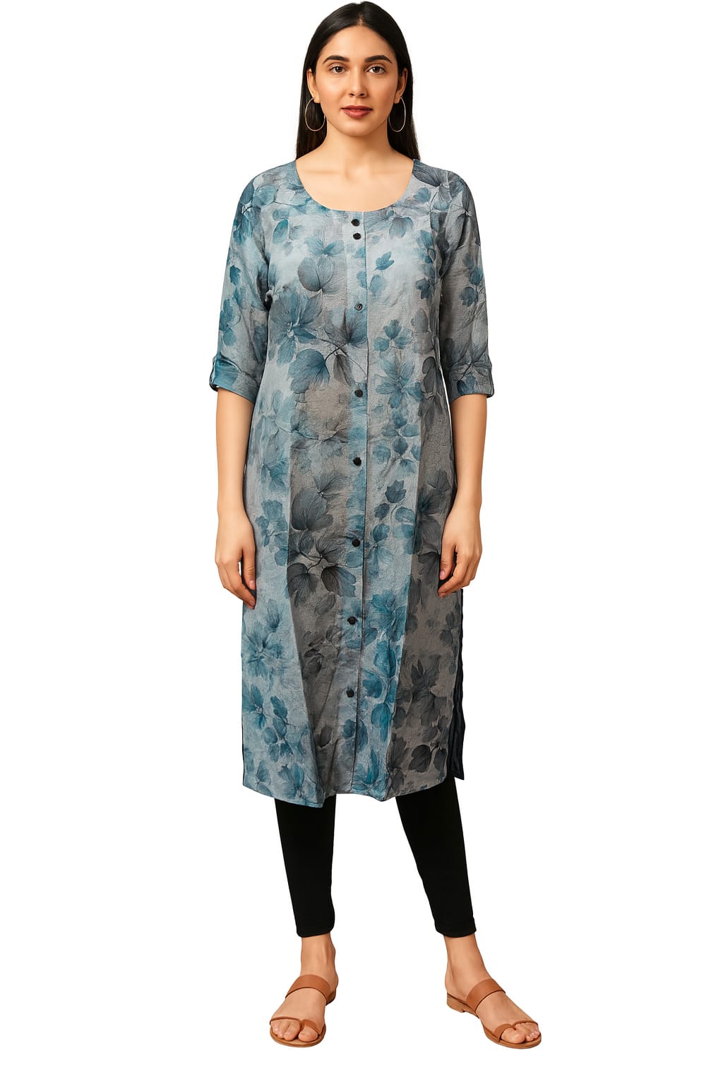 PREMIUM BLUE FLORAL PRINTED CEY FABRIC KURTI