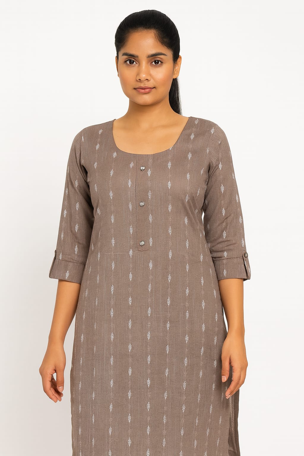PREMIUM COTTON ROUND NECK BUTTON PLACKET KURTI (Taupe)