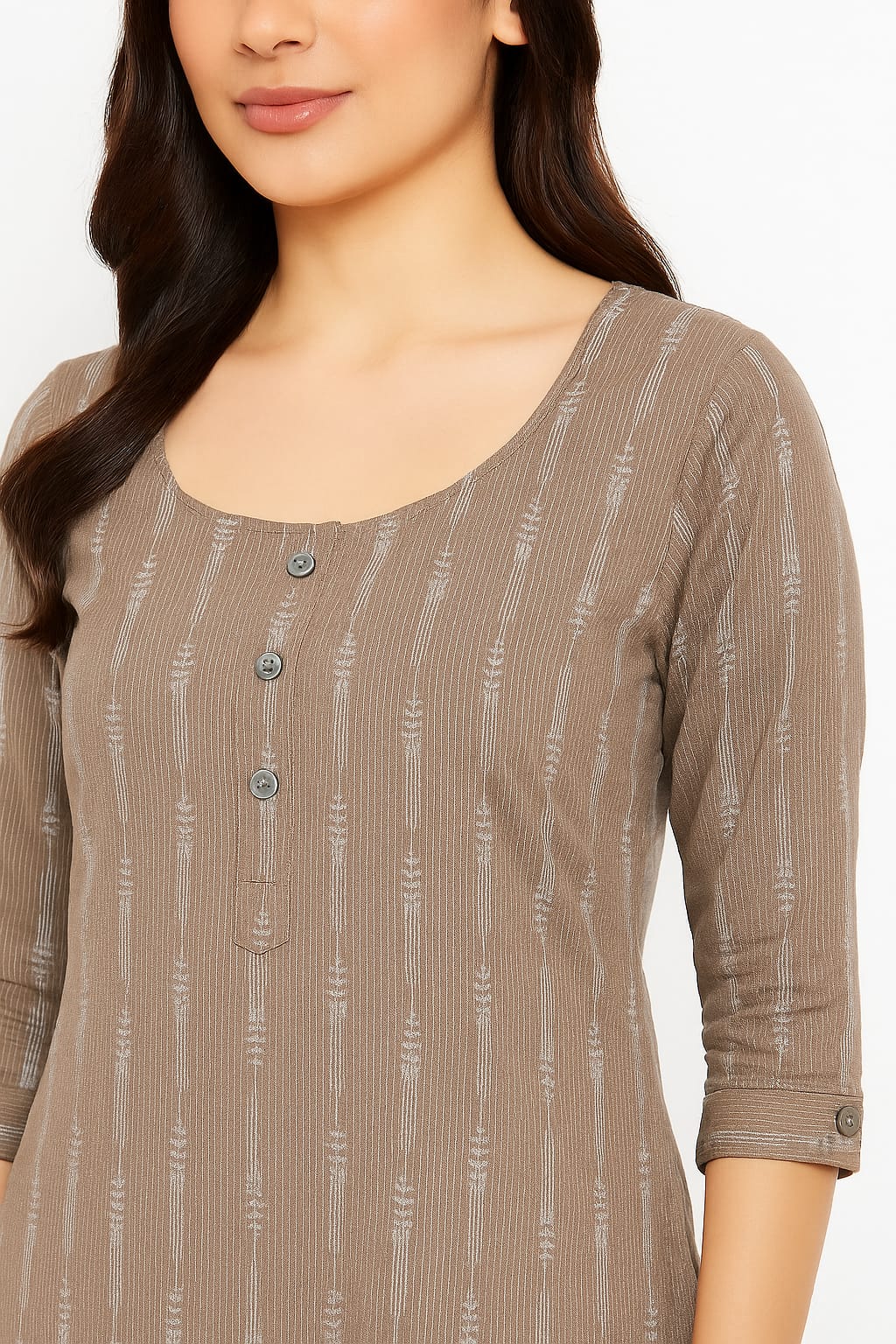 PREMIUM COTTON ROUND NECK BUTTON PLACKET KURTI (Taupe)