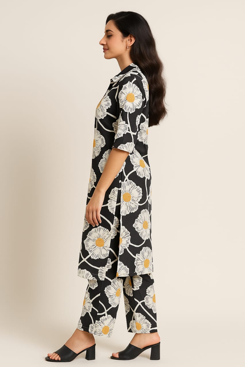 PREMIUM FLORAL COTTON COORDS SET (BLACK BASE)