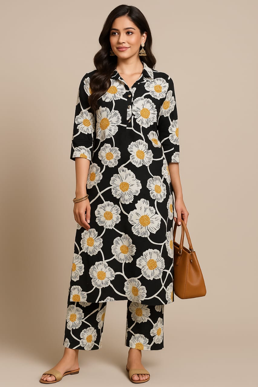 PREMIUM FLORAL COTTON COORDS SET (BLACK BASE)
