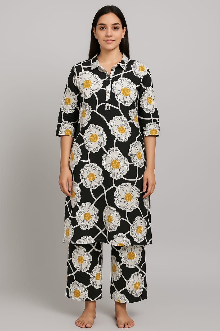 PREMIUM FLORAL COTTON COORDS SET (BLACK BASE)