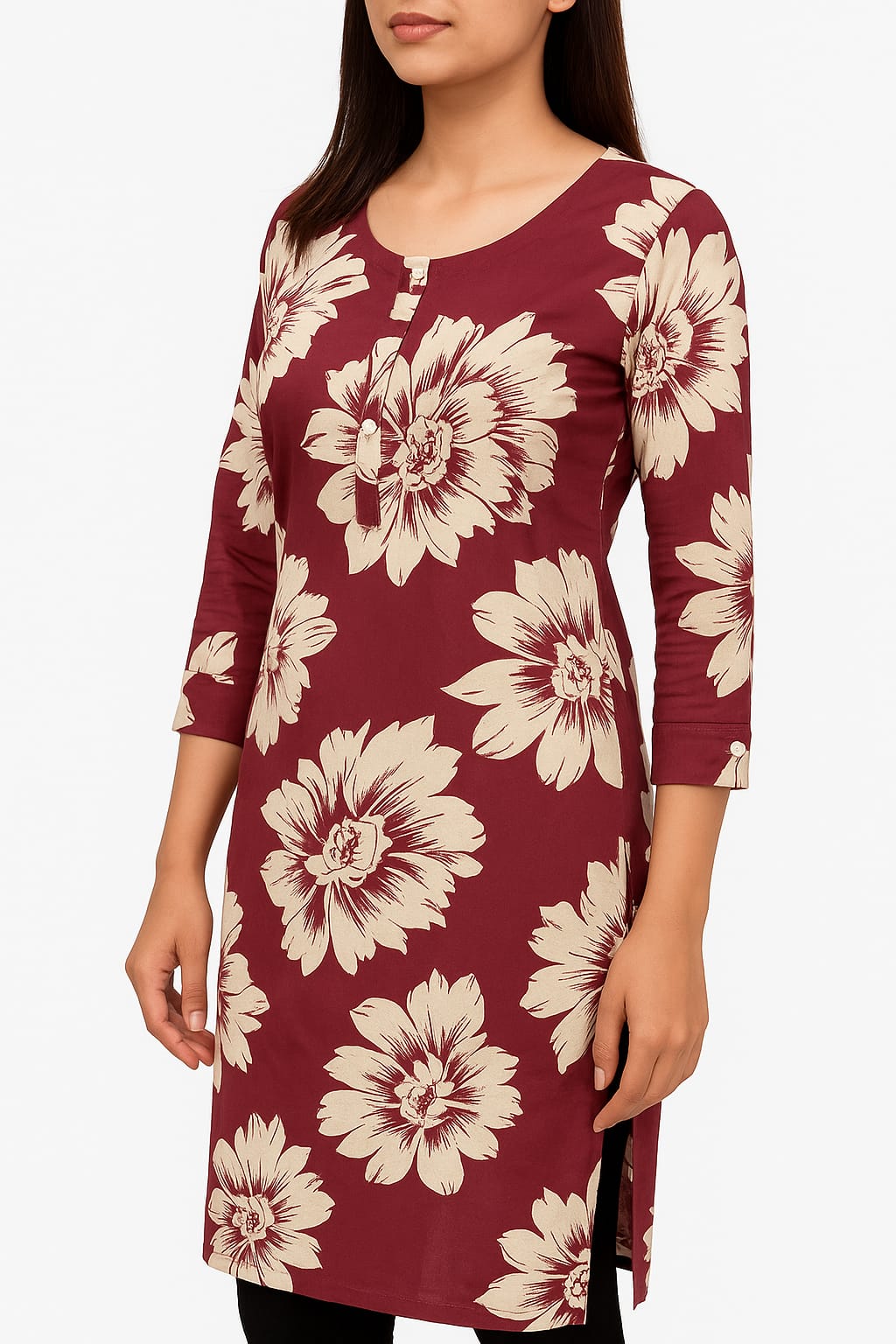 PREMIUM MAROON FLORAL PRINTED COTTON KURTI