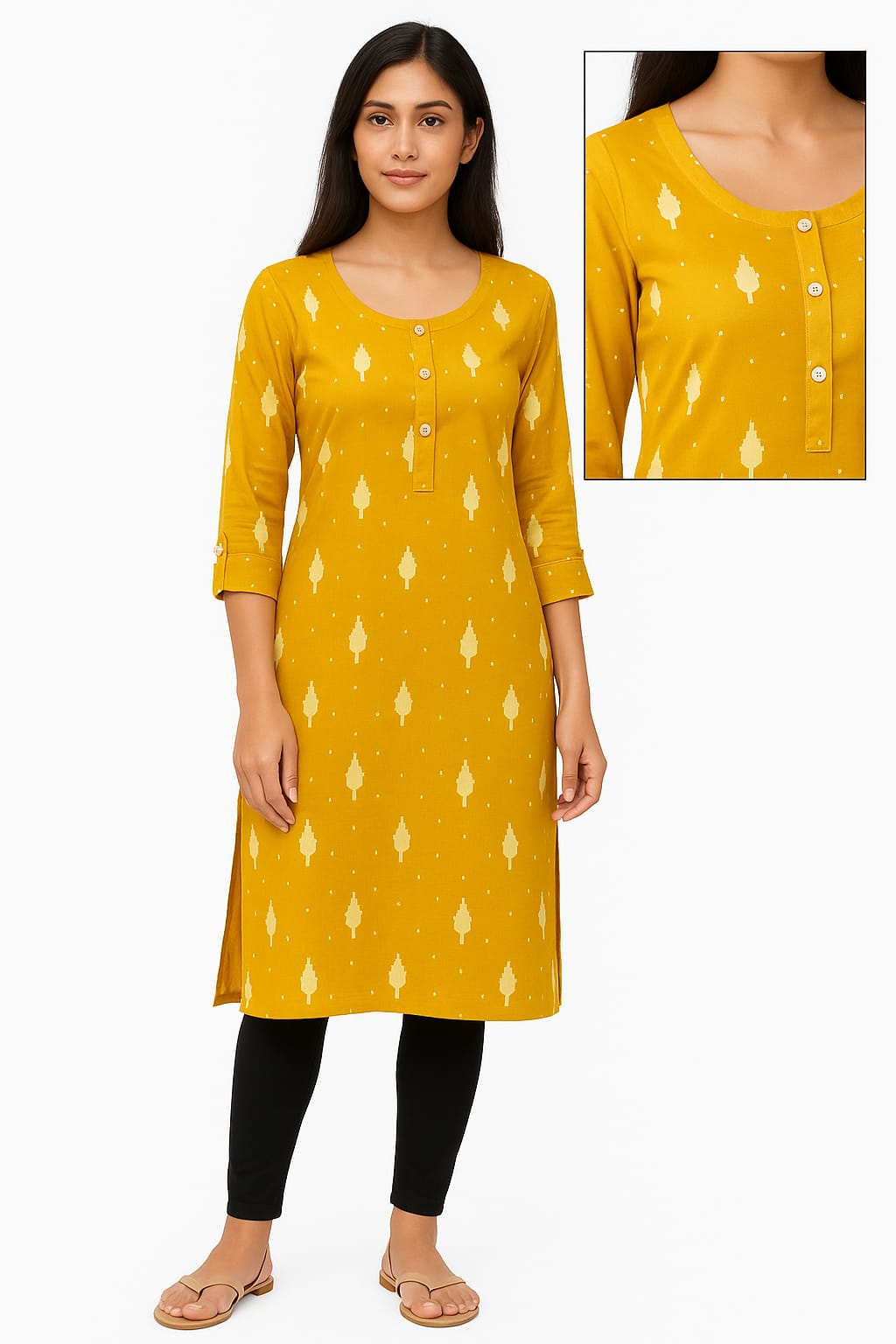 PREMIUM ROUND NECK COTTON KURTI (Mustard yellow ethnic print)