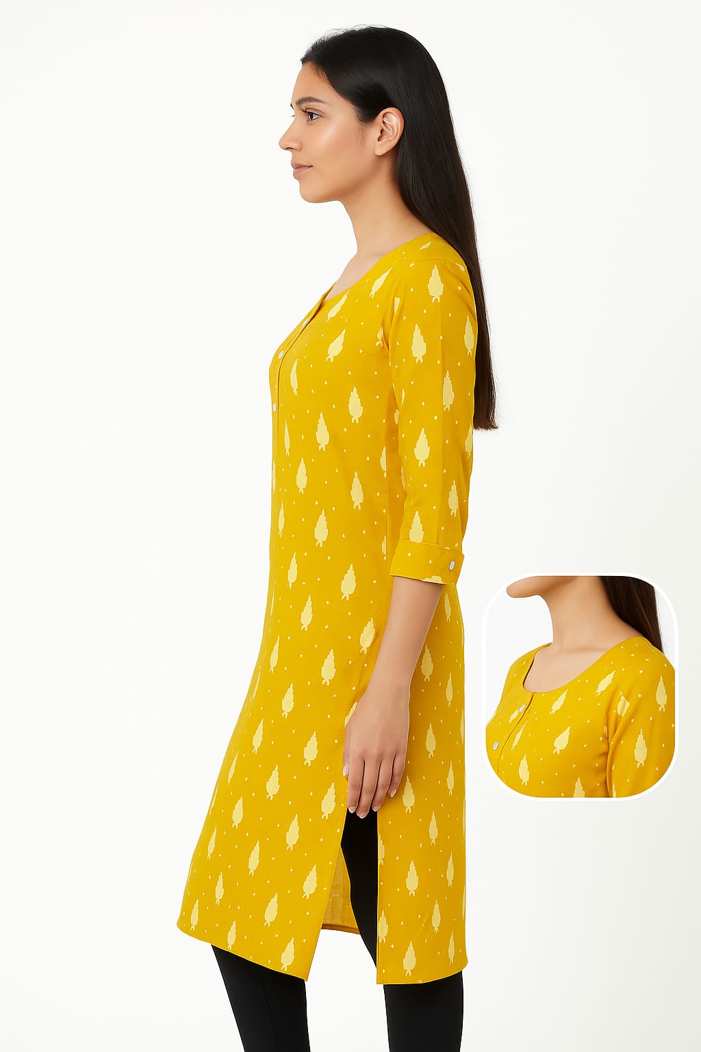 PREMIUM ROUND NECK COTTON KURTI (Mustard yellow ethnic print)