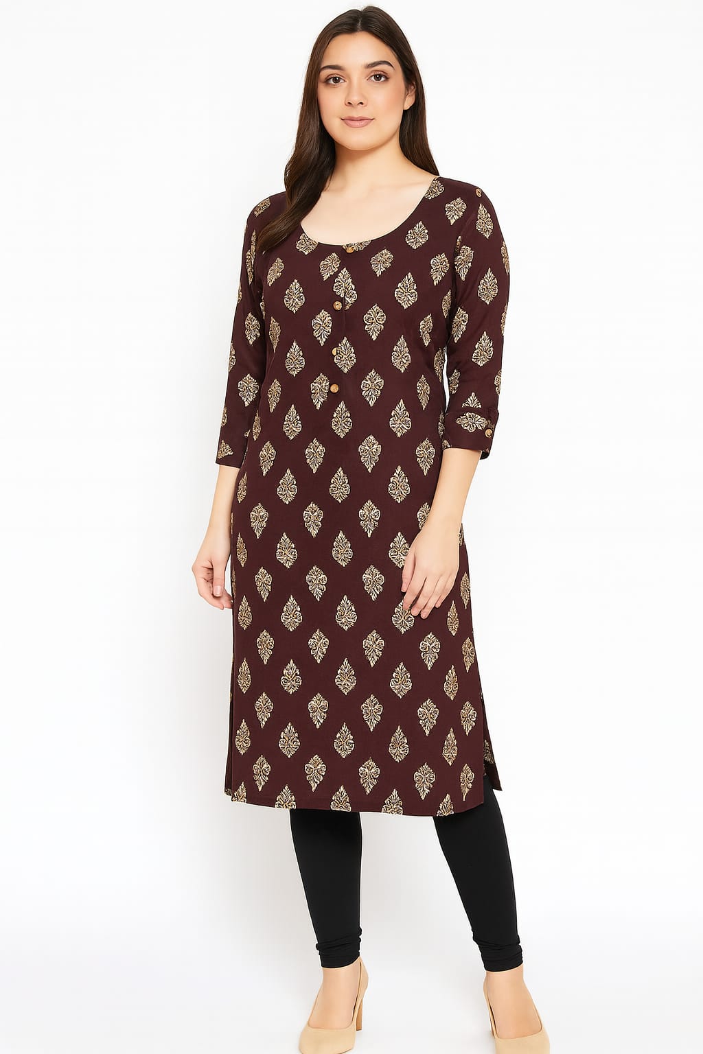 PREMIUM ROUNDNECK WITH BUTTON KURTI (DARK BROWN)