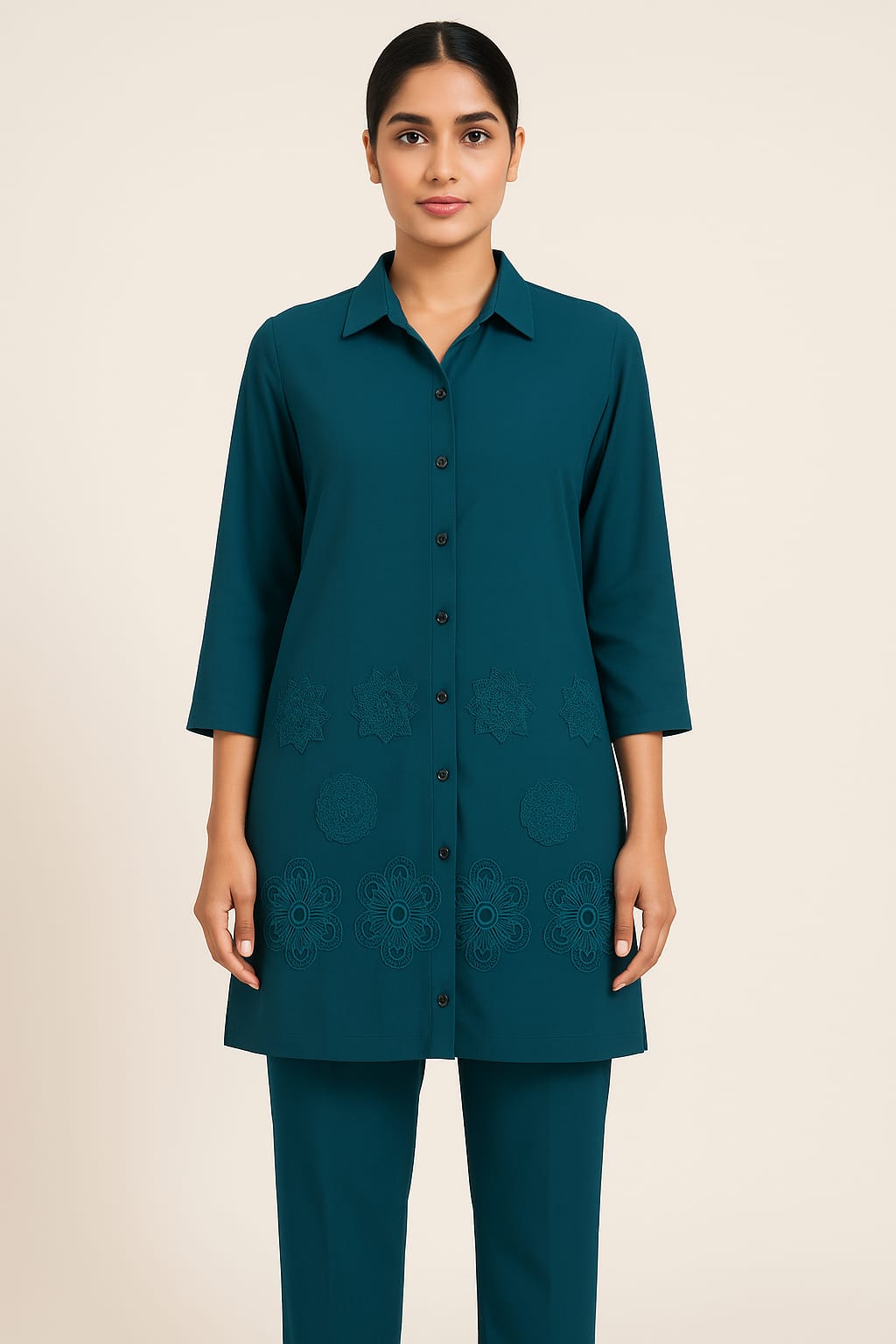 PREMIUM TEAL EMBROIDERED COTTON COORD SET