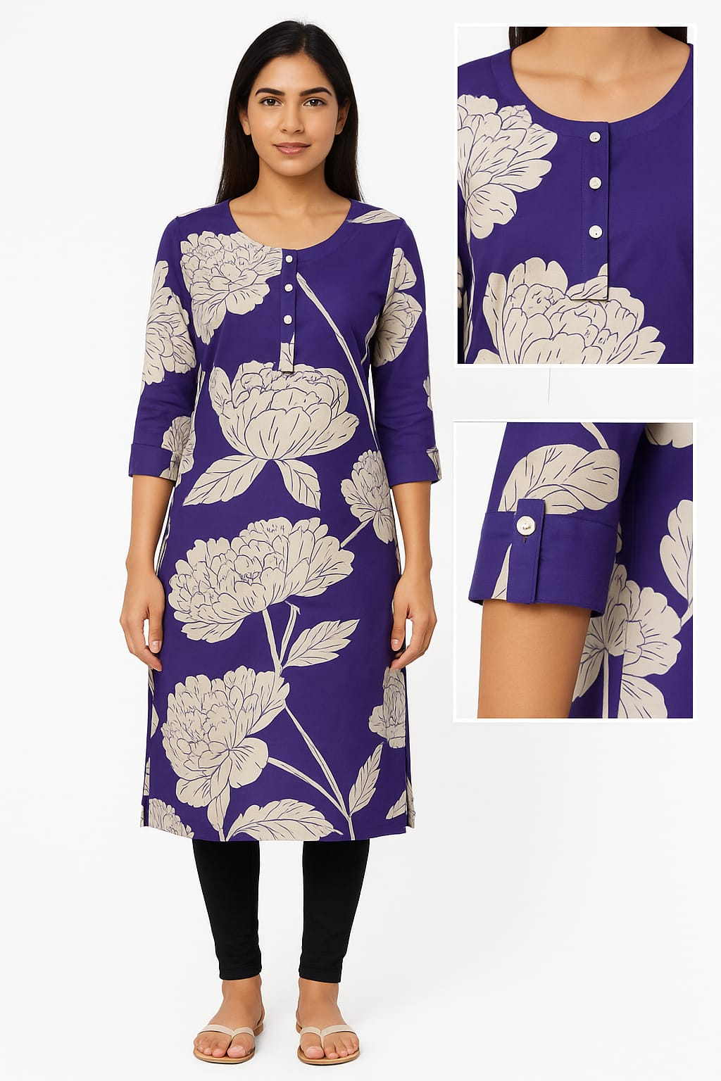 PREMIUM FLORAL PURPLE PRINTED COTTON KURTI
